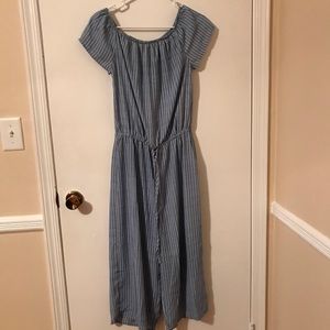 off the shoulder cropped leg striped JUMPSUIT!